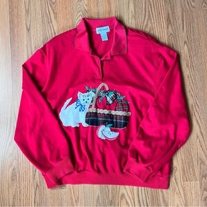 Vintage Cat Sweater Apple Picnic Basket Red Collar Pullover Cute Cozy Size Large